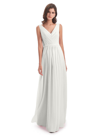 Kailee A-line V-neck Chiffon Long Bridesmaid Dresses