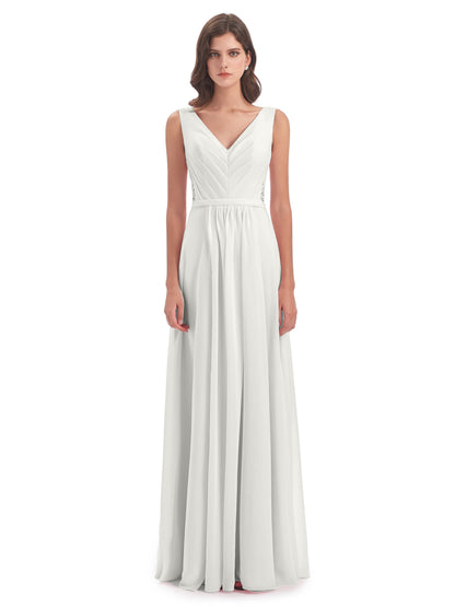 Kailee A-line V-neck Chiffon Long Bridesmaid Dresses