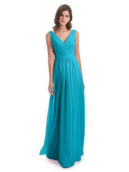 Kailee A-line V-neck Chiffon Long Bridesmaid Dresses