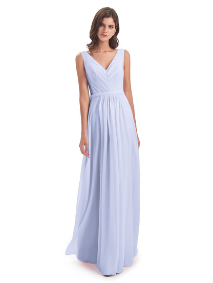 Kailee A-line V-neck Chiffon Long Bridesmaid Dresses