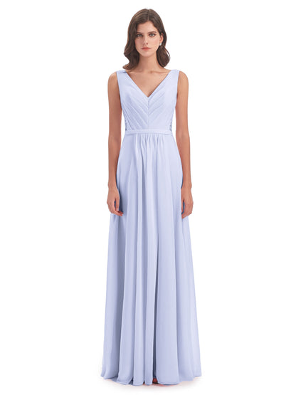 Kailee A-line V-neck Chiffon Long Bridesmaid Dresses