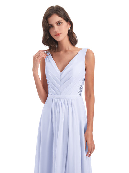 Kailee A-line V-neck Chiffon Long Bridesmaid Dresses