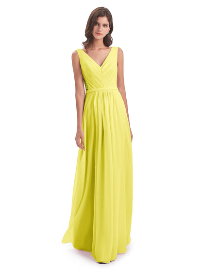 Kailee A-line V-neck Chiffon Long Bridesmaid Dresses