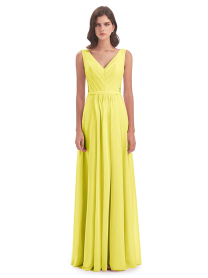 Kailee A-line V-neck Chiffon Long Bridesmaid Dresses