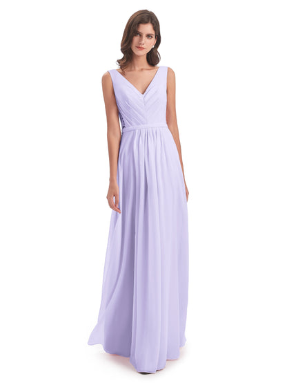 Kailee A-line V-neck Chiffon Long Bridesmaid Dresses