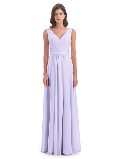Kailee A-line V-neck Chiffon Long Bridesmaid Dresses