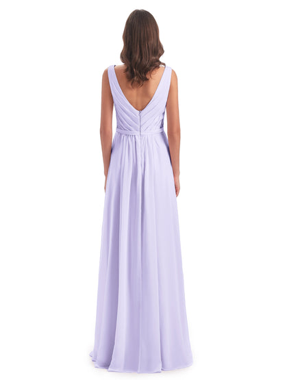 Kailee A-line V-neck Chiffon Long Bridesmaid Dresses