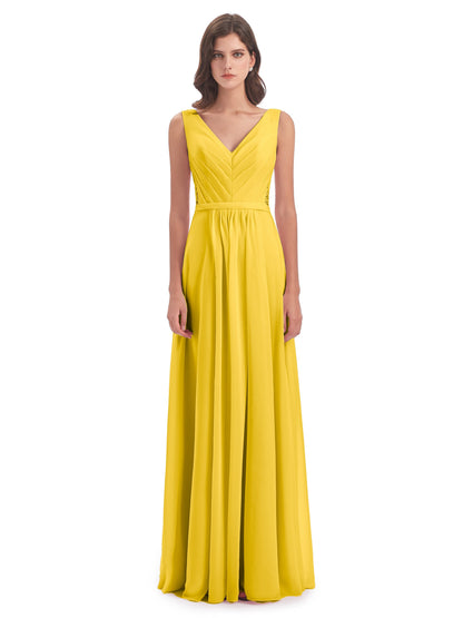 Kailee A-line V-neck Chiffon Long Bridesmaid Dresses