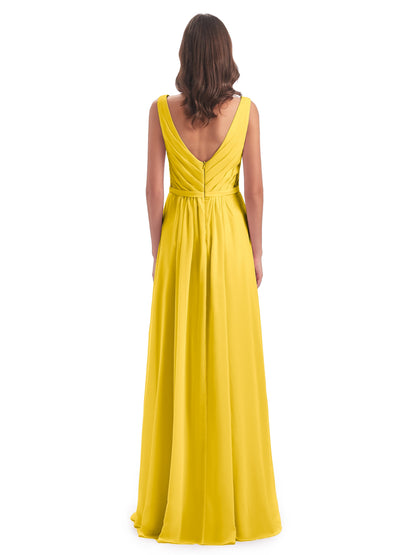 Kailee A-line V-neck Chiffon Long Bridesmaid Dresses