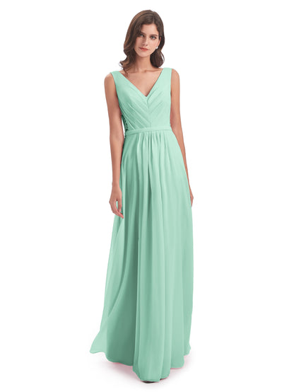 Kailee A-line V-neck Chiffon Long Bridesmaid Dresses