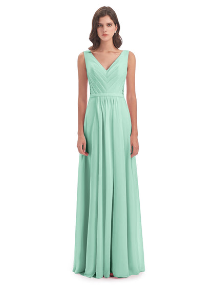Kailee A-line V-neck Chiffon Long Bridesmaid Dresses