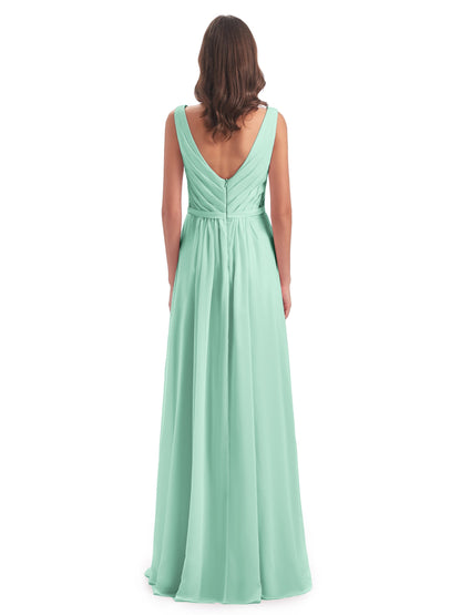 Kailee A-line V-neck Chiffon Long Bridesmaid Dresses