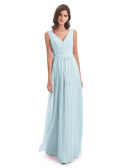 Kailee A-line V-neck Chiffon Long Bridesmaid Dresses