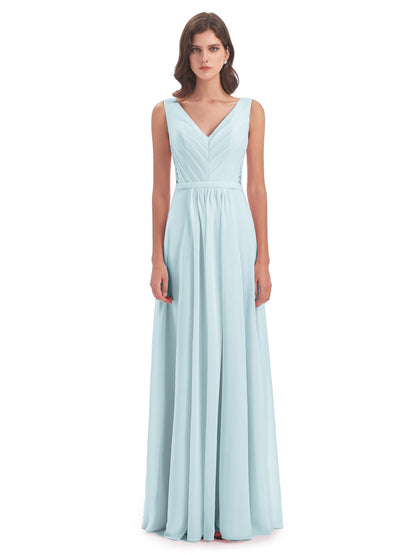Kailee A-line V-neck Chiffon Long Bridesmaid Dresses