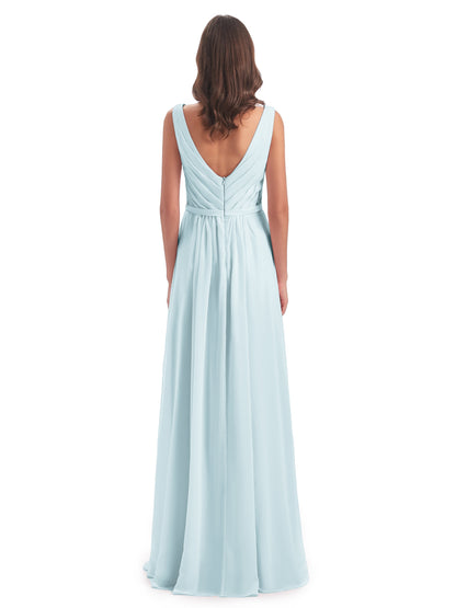 Kailee A-line V-neck Chiffon Long Bridesmaid Dresses