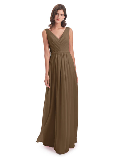 Kailee A-line V-neck Chiffon Long Bridesmaid Dresses