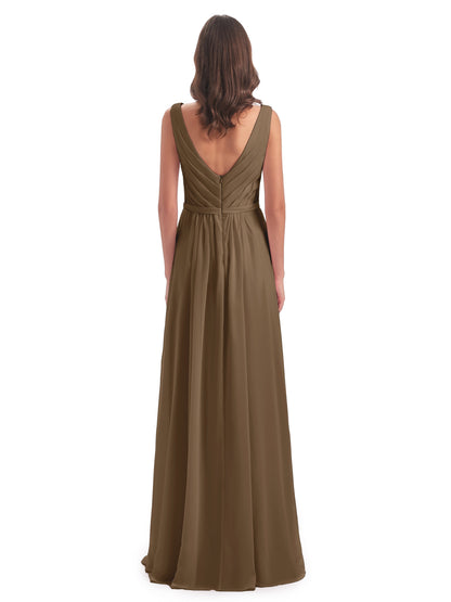 Kailee A-line V-neck Chiffon Long Bridesmaid Dresses