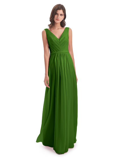 Kailee A-line V-neck Chiffon Long Bridesmaid Dresses