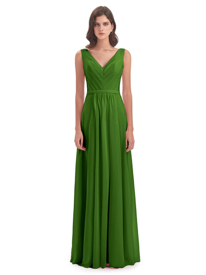 Kailee A-line V-neck Chiffon Long Bridesmaid Dresses