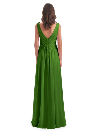Kailee A-line V-neck Chiffon Long Bridesmaid Dresses