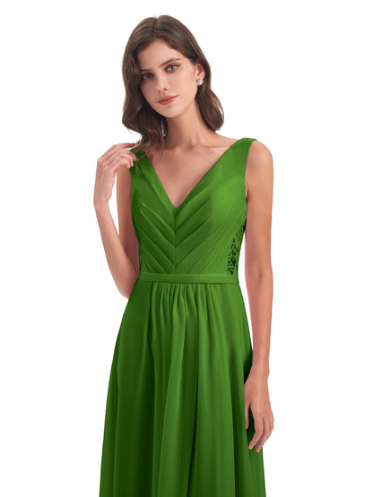 Kailee A-line V-neck Chiffon Long Bridesmaid Dresses