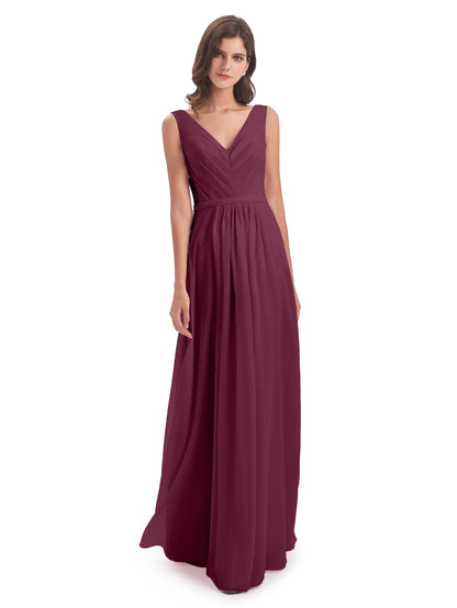Kailee A-line V-neck Chiffon Long Bridesmaid Dresses