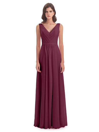 Kailee A-line V-neck Chiffon Long Bridesmaid Dresses