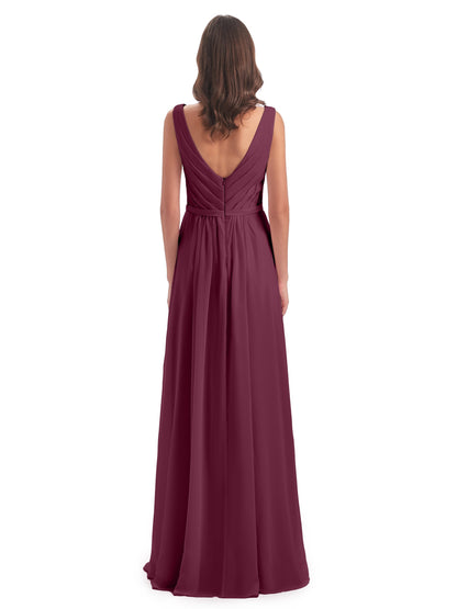 Kailee A-line V-neck Chiffon Long Bridesmaid Dresses