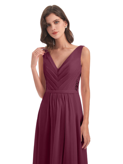 Kailee A-line V-neck Chiffon Long Bridesmaid Dresses