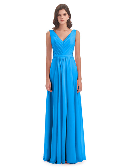 Kailee A-line V-neck Chiffon Long Bridesmaid Dresses