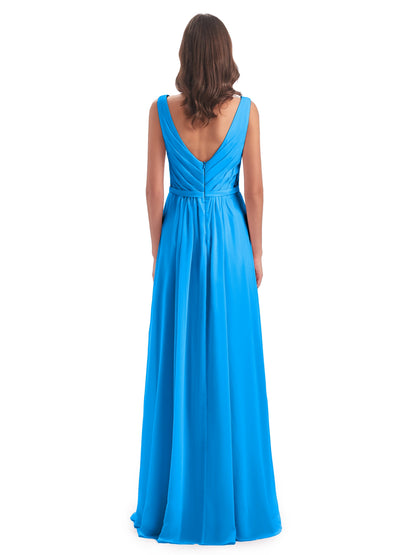 Kailee A-line V-neck Chiffon Long Bridesmaid Dresses