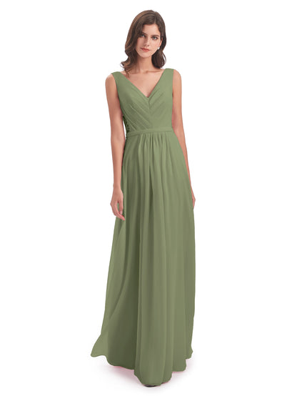 Kailee A-line V-neck Chiffon Long Bridesmaid Dresses