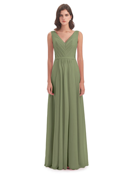 Kailee A-line V-neck Chiffon Long Bridesmaid Dresses