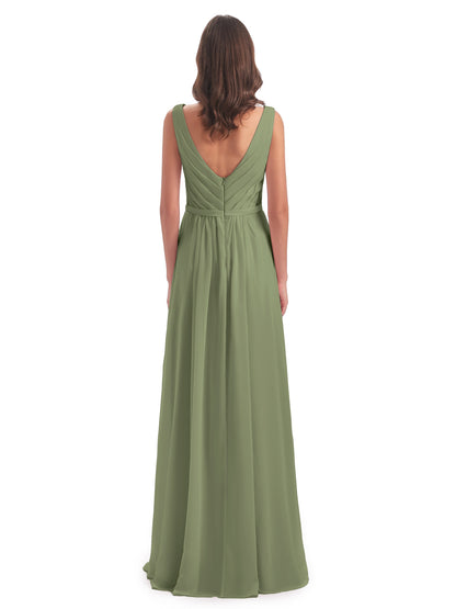 Kailee A-line V-neck Chiffon Long Bridesmaid Dresses