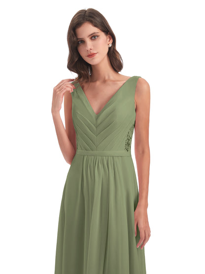 Kailee A-line V-neck Chiffon Long Bridesmaid Dresses