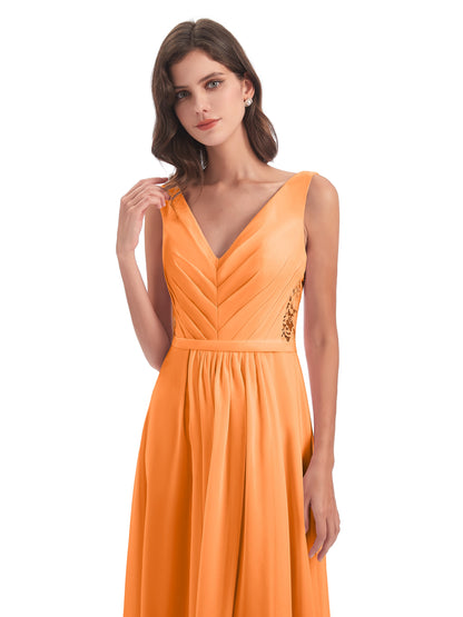 Kailee A-line V-neck Chiffon Long Bridesmaid Dresses
