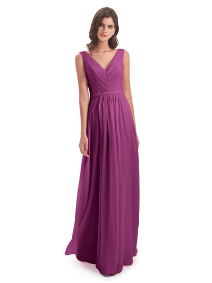 Kailee A-line V-neck Chiffon Long Bridesmaid Dresses