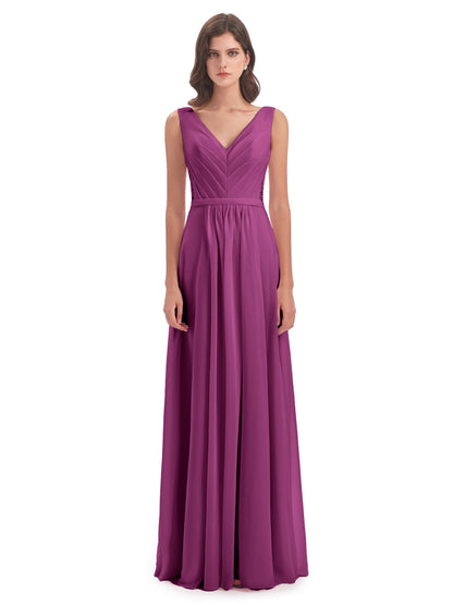 Kailee A-line V-neck Chiffon Long Bridesmaid Dresses
