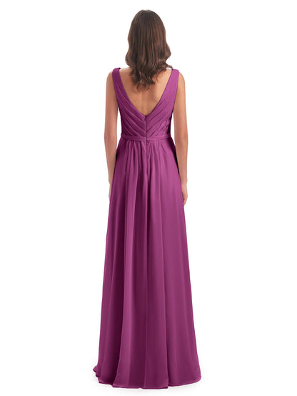 Kailee A-line V-neck Chiffon Long Bridesmaid Dresses