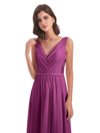 Kailee A-line V-neck Chiffon Long Bridesmaid Dresses