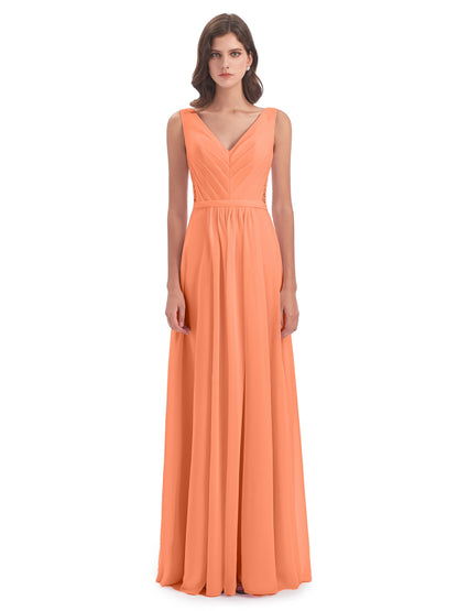 Kailee A-line V-neck Chiffon Long Bridesmaid Dresses