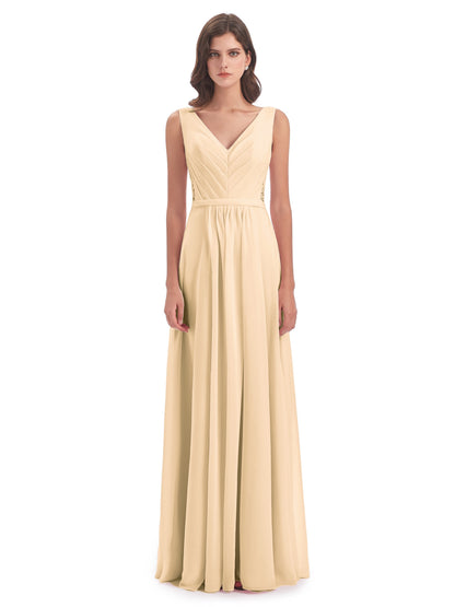 Kailee A-line V-neck Chiffon Long Bridesmaid Dresses