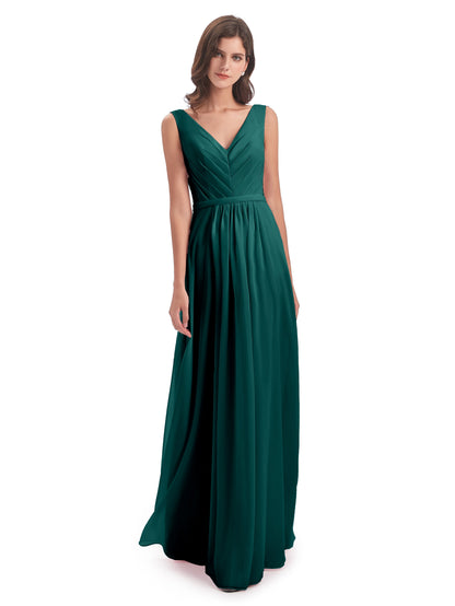 Kailee A-line V-neck Chiffon Long Bridesmaid Dresses