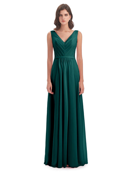 Kailee A-line V-neck Chiffon Long Bridesmaid Dresses