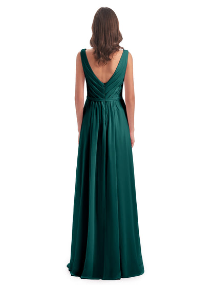 Kailee A-line V-neck Chiffon Long Bridesmaid Dresses