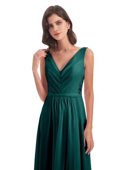 Kailee A-line V-neck Chiffon Long Bridesmaid Dresses
