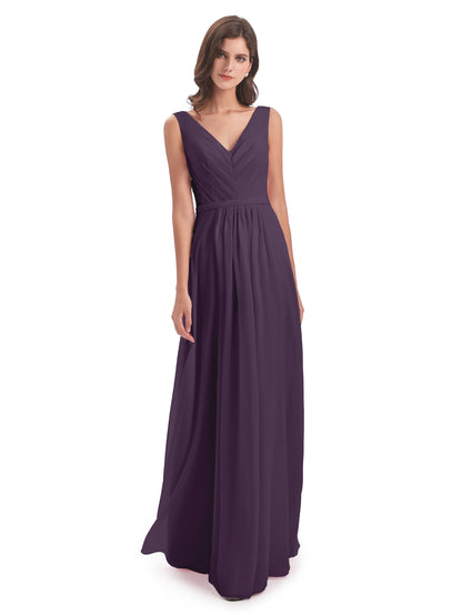 Kailee A-line V-neck Chiffon Long Bridesmaid Dresses