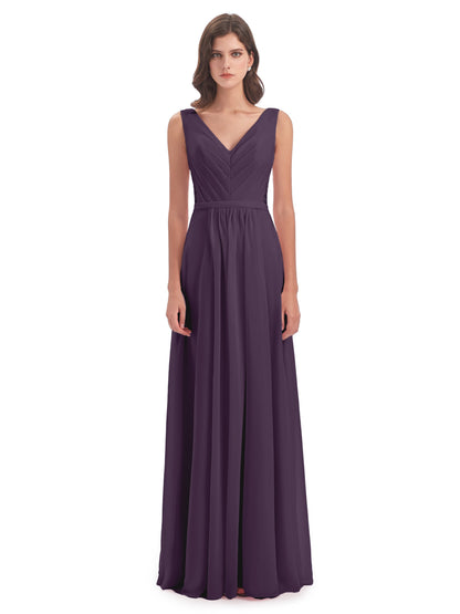 Kailee A-line V-neck Chiffon Long Bridesmaid Dresses