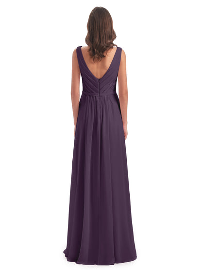 Kailee A-line V-neck Chiffon Long Bridesmaid Dresses
