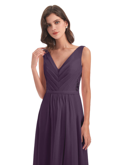 Kailee A-line V-neck Chiffon Long Bridesmaid Dresses